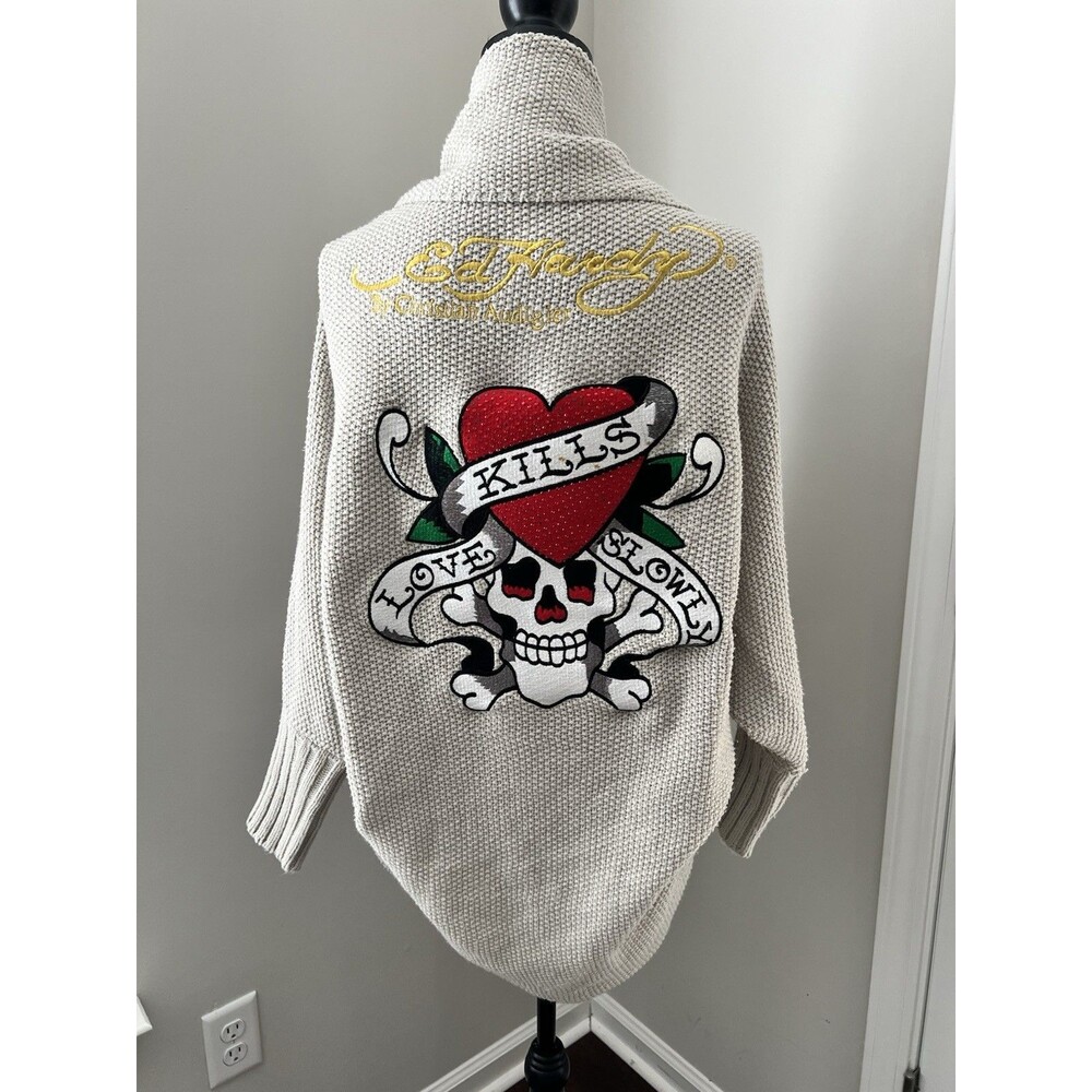 Ed Hardy Love Kills Slowly Embroidered Cocoon Cardigan Beige Size XL
